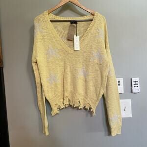 Blank Paige Sweater‎ Yellow Star Distressed Sz M/L V Neck Oversized Pullover NEW